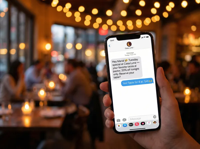 Phone showing SMS conversation with customer reserving a table for Tuesday night special at a Miami restaurant
