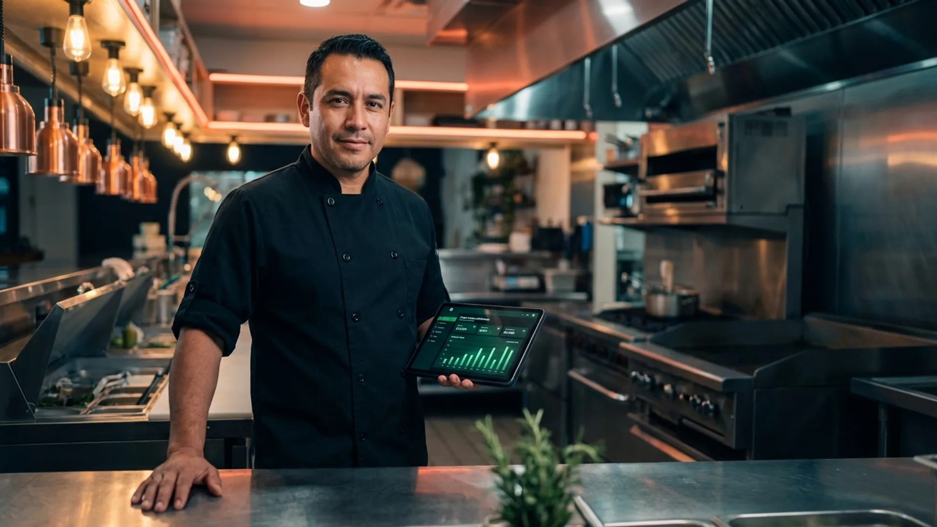 Confident restaurant owner reviewing AI-powered ordering dashboard on tablet in commercial kitchen