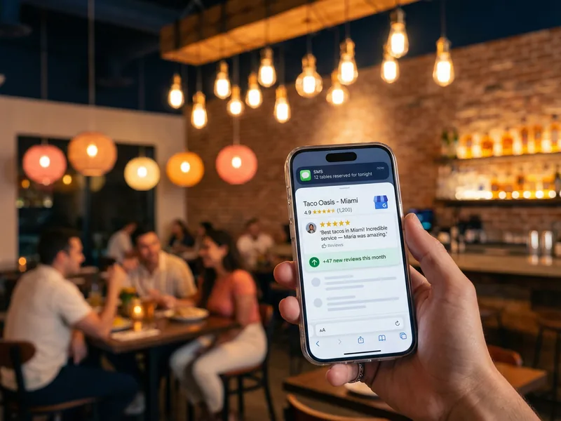 Phone showing 4.9-star Google rating with 47 new reviews and 12 tables reserved notification in busy Miami restaurant
