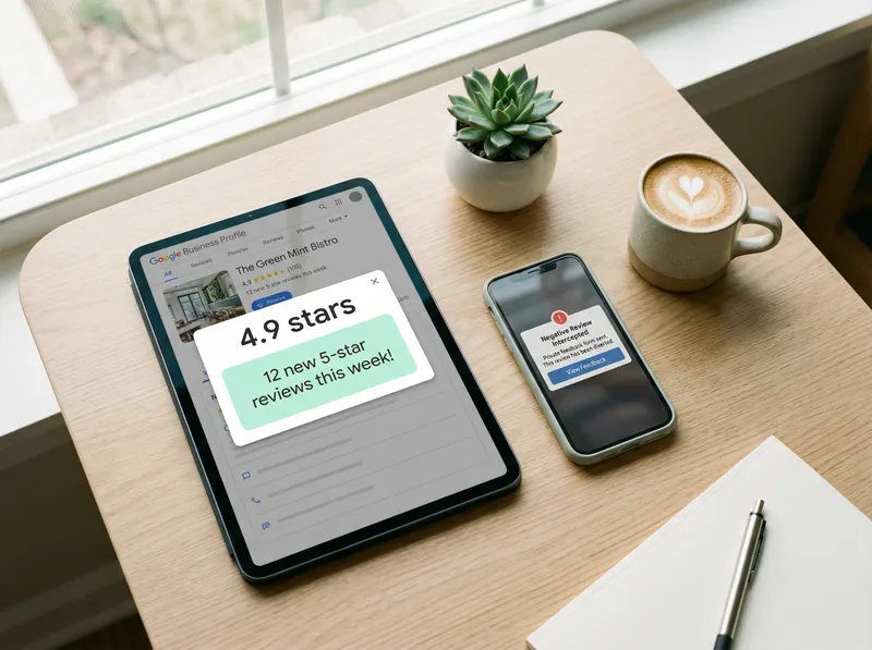 Tablet showing Google Business Profile with 4.9-star rating and 12 new 5-star reviews, phone intercepting negative review