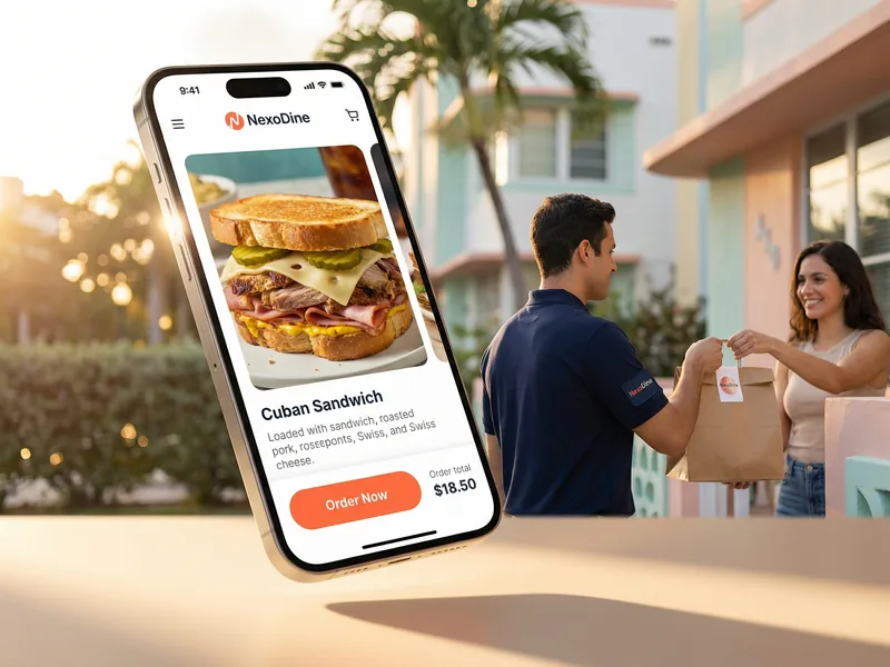 NexoDine mobile ordering app showing Cuban sandwich menu with delivery driver handoff in Miami